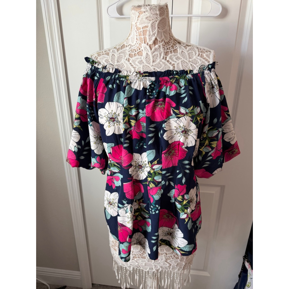 Milk & Honey Navy Floral Off-Shoulder Blouse 2X